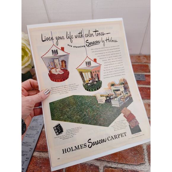 1950 Holmes Saracen Carpet MCM "Liven Your Life with Color Tones" Vtg Print Ad - Picture 3 of 6